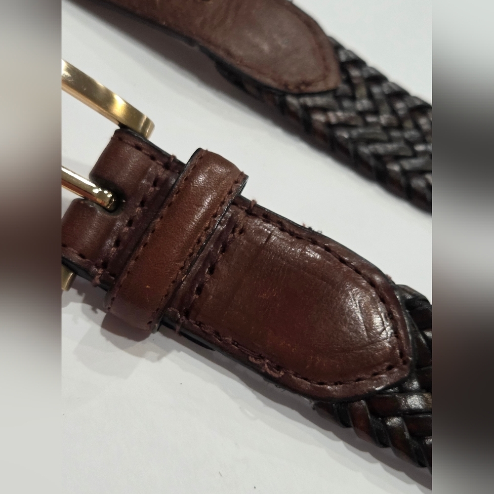 Classic Brown Leather Woven Belt with Gold Buckle Sz.42 /105 - Picture 6 of 7